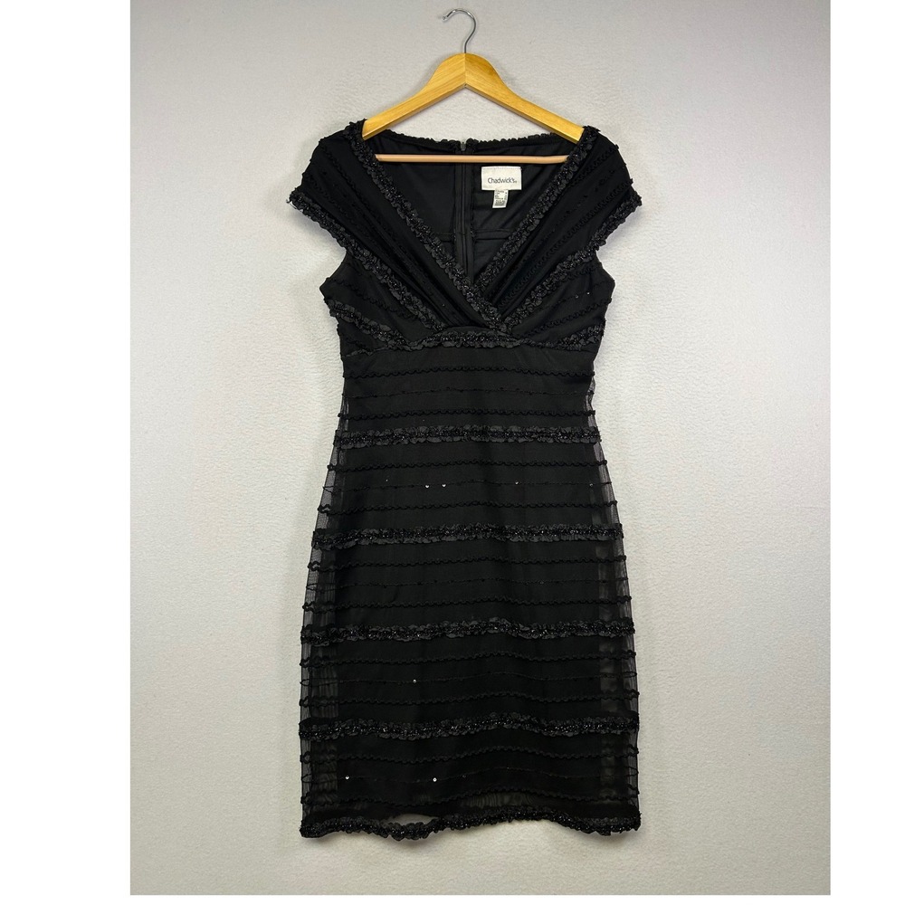 Cocktail Party‎ Chadwick's Women 12 Black Sequin Mesh Tiered Ruffle Sheath Dress